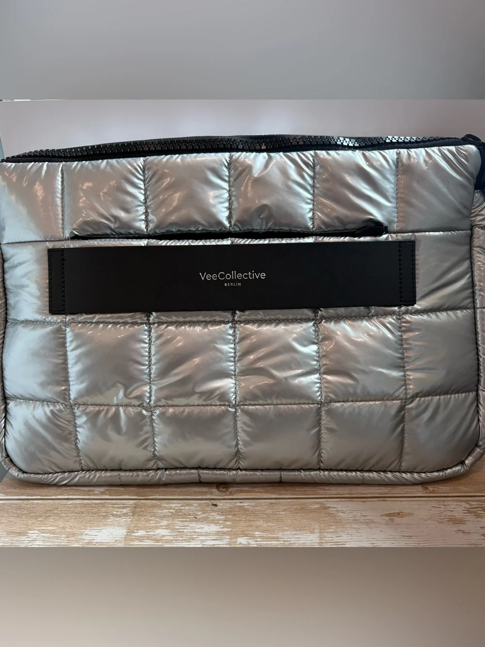 VeeCollective Porter Quilted Laptop Sleeve- Metallic Silver (fits up to 16”)